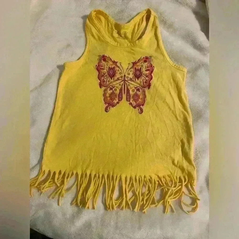 Girls Razorback tank in yellow with glittery butterfly in pink & orange size S/P